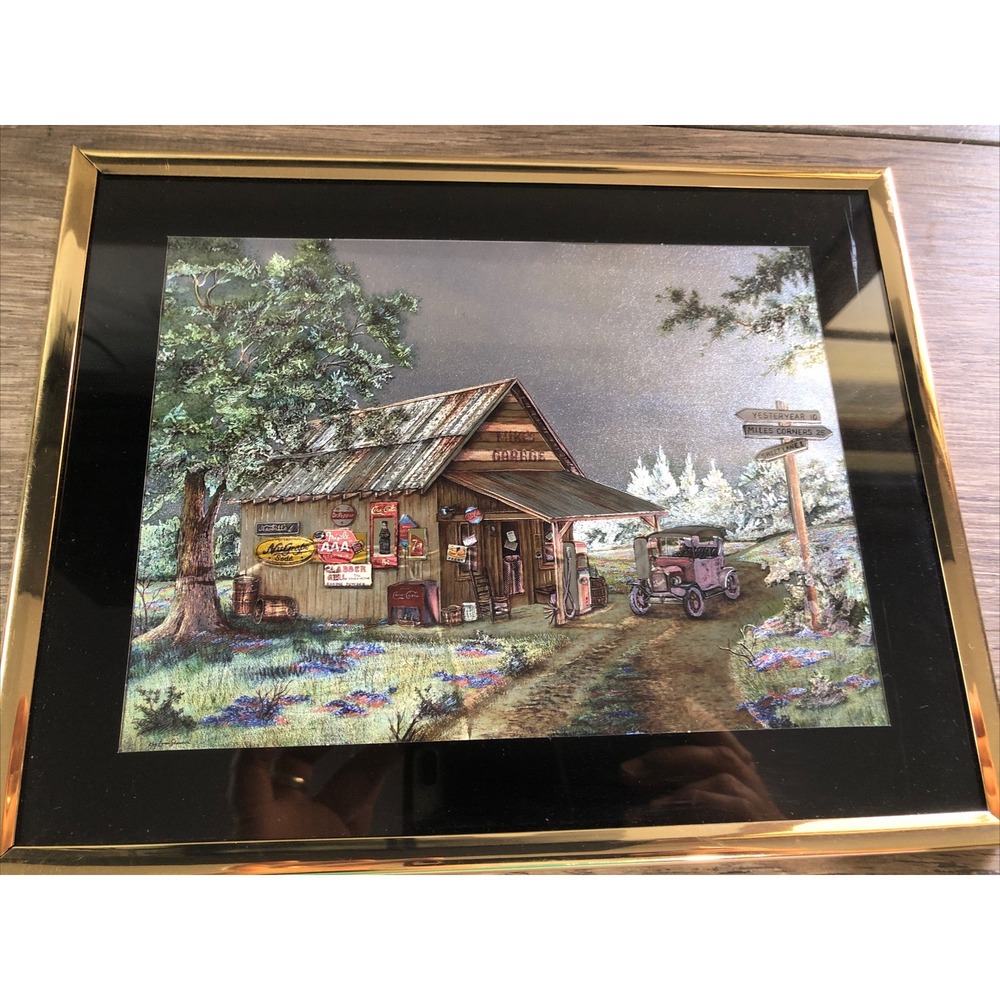 Vintage Mikes Garage‎ Americana Art Print Framed Gas Station Scene Classic Car
